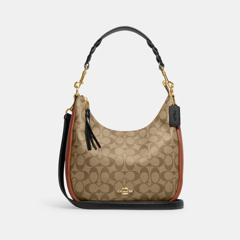 COACH®,JULES HOBO IN COLORBLOCK SIGNATURE CANVAS,Gold/Khaki Multi,Front View