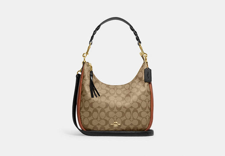 COACH®,JULES HOBO IN COLORBLOCK SIGNATURE CANVAS,Signature Coated Canvas,Large,Gold/Khaki Multi,Front View