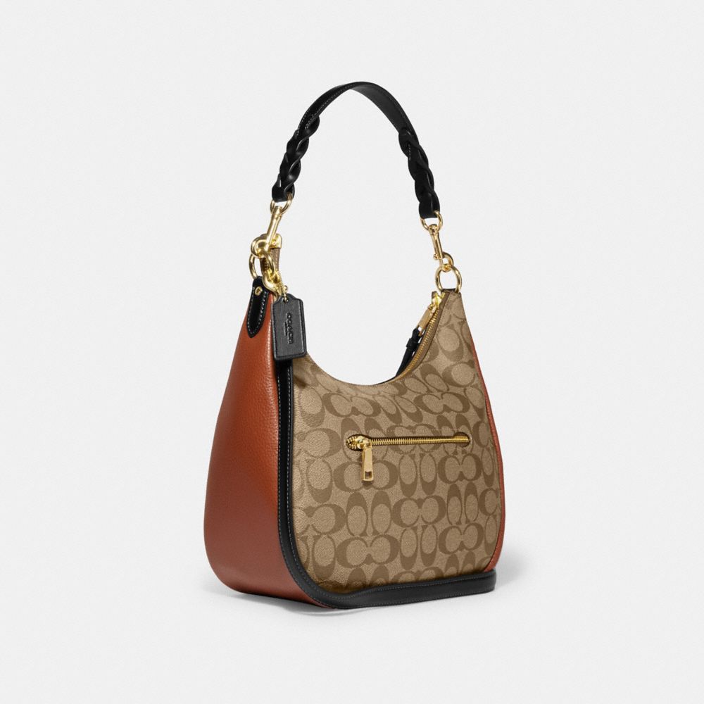 COACH®,JULES HOBO IN COLORBLOCK SIGNATURE CANVAS,Gold/Khaki Multi,Angle View