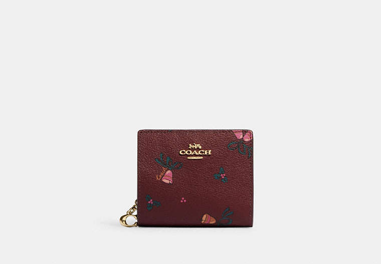 COACH®,SNAP WALLET WITH HOLIDAY BELLS PRINT,Printed Coated Canvas,Mini,Gold/Black Cherry Multi,Front View
