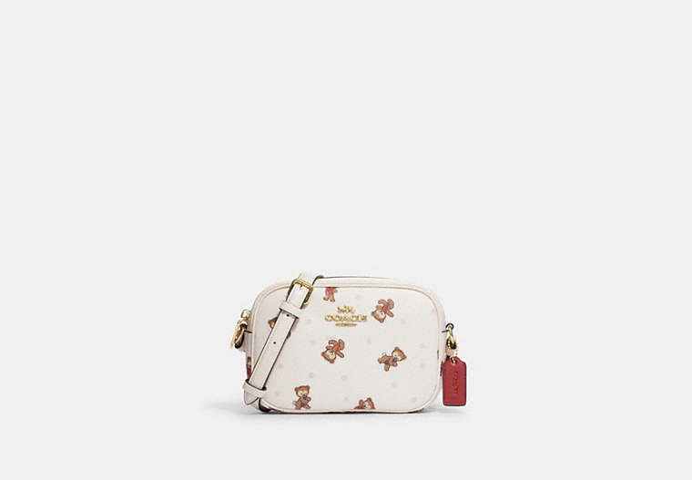 COACH®,MINI JAMIE CAMERA BAG WITH BEAR SNOWFLAKE PRINT,Printed Coated Canvas,Mini,Gold/Chalk Multi,Front View