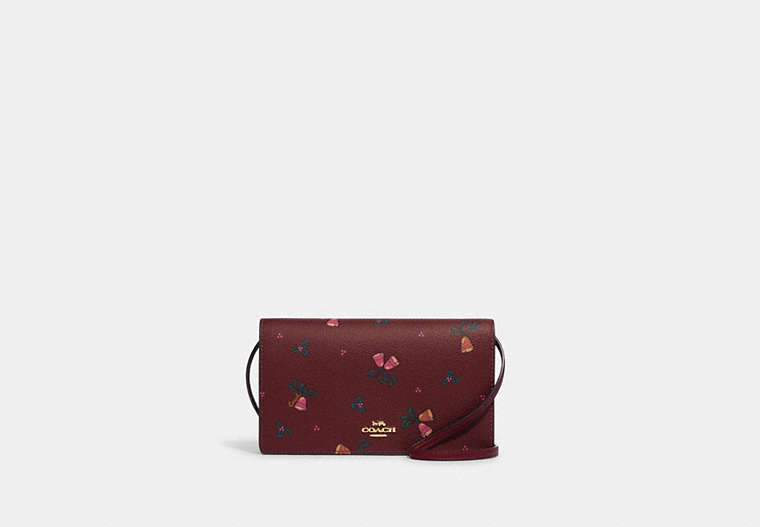COACH®,ANNA FOLDOVER CLUTCH CROSSBODY WITH HOLIDAY BELLS PRINT,Printed Coated Canvas,Mini,Gold/Black Cherry Multi,Front View