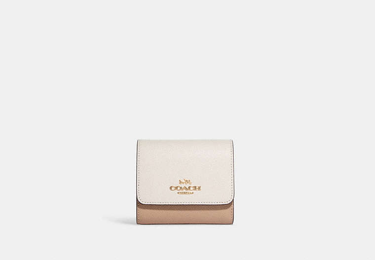 COACH®,SMALL TRIFOLD WALLET IN COLORBLOCK,Crossgrain Leather,Gold/Chalk Multi,Front View
