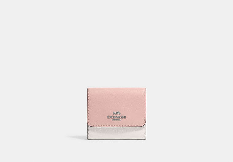 COACH®,SMALL TRIFOLD WALLET IN COLORBLOCK,Crossgrain Leather,Silver/Chalk/Powder Pink Multi,Front View