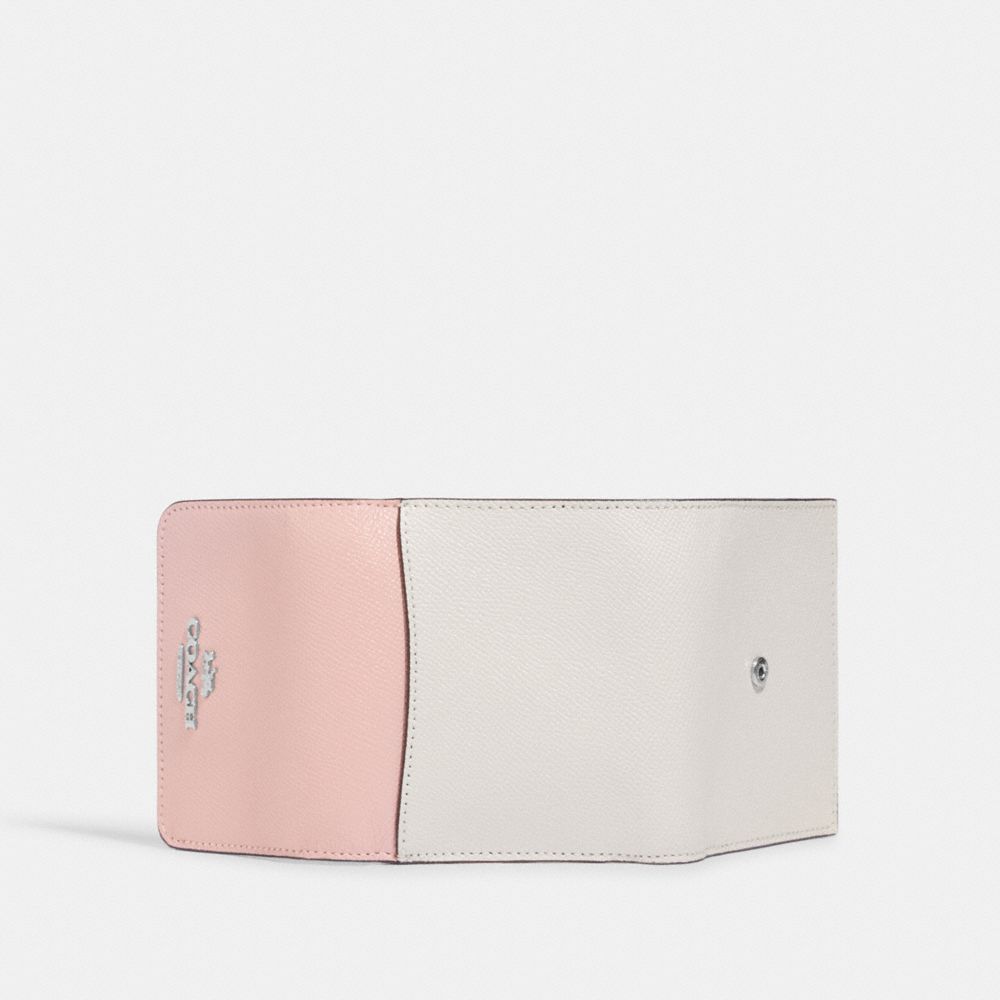 COACH®,SMALL TRIFOLD WALLET IN COLORBLOCK,Novelty Leather,Silver/Chalk/Powder Pink Multi,Back View
