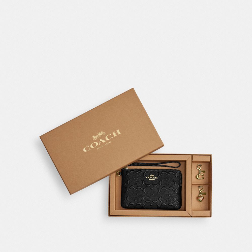 COACH®,Boxed Corner Zip Wristlet In Signature Leather,Leather,Pouch,Wristlet,Logo,Casual,Black,Front View