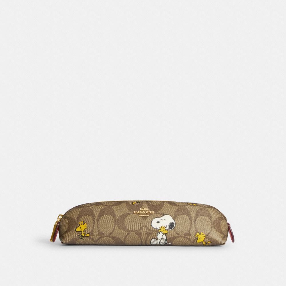 COACH®  Coach X Peanuts Pencil Case In Signature Canvas With Snoopy  Woodstock Print