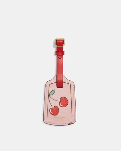 COACH®,LUGGAGE TAG WITH HEART CHERRY PRINT,Fabric,Gold/Powder Pink Multi,Front View