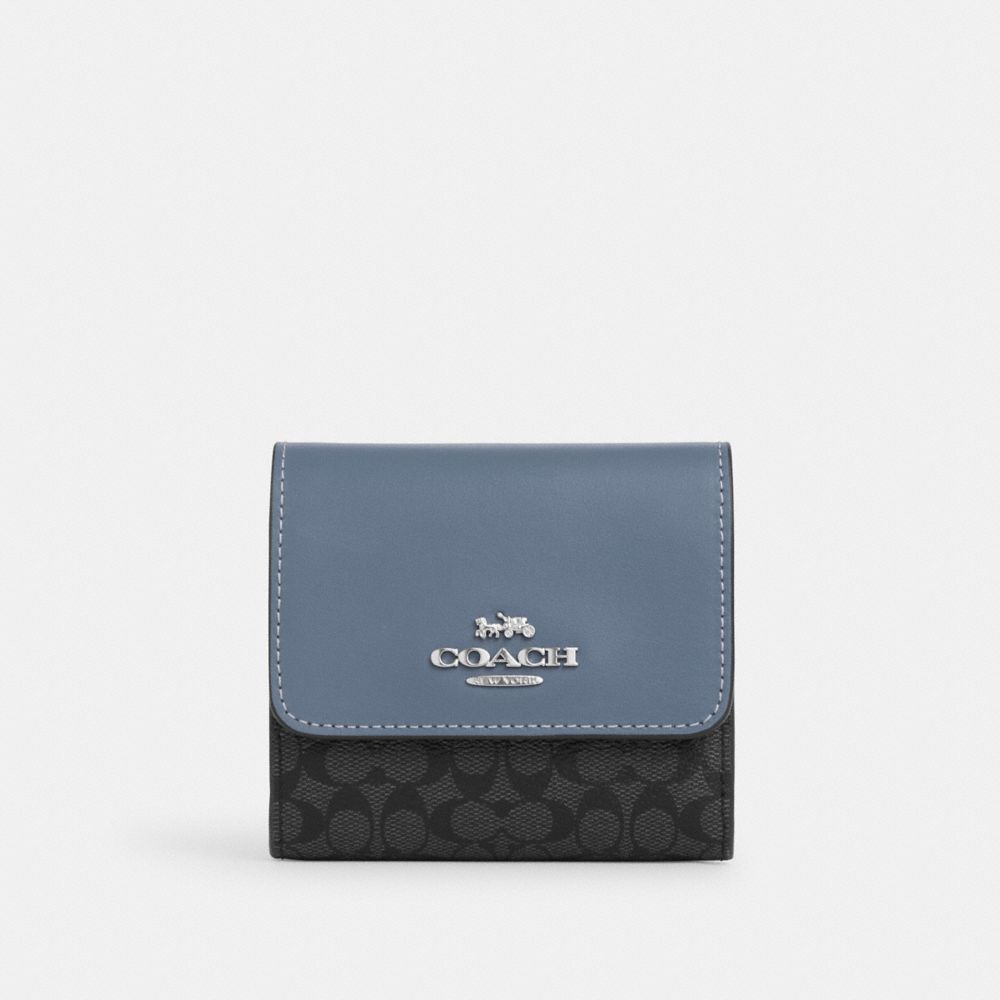 COACH®,SMALL TRIFOLD WALLET IN COLORBLOCK MICRO SIGNATURE CANVAS,Signature Canvas,Mini,Silver/Graphite/Light Mist,Front View