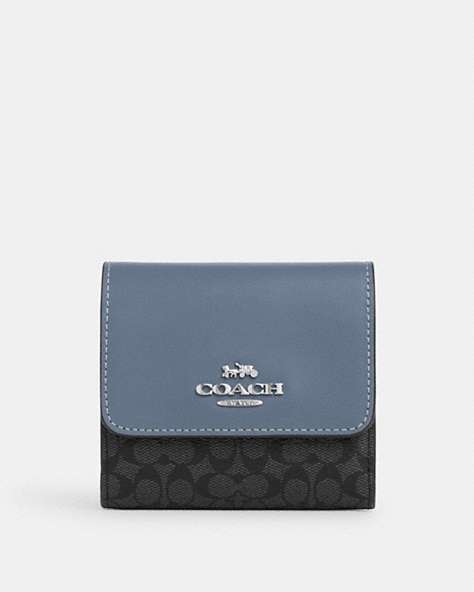 COACH®,SMALL TRIFOLD WALLET IN COLORBLOCK MICRO SIGNATURE CANVAS,pvc,Silver/Graphite/Light Mist,Front View