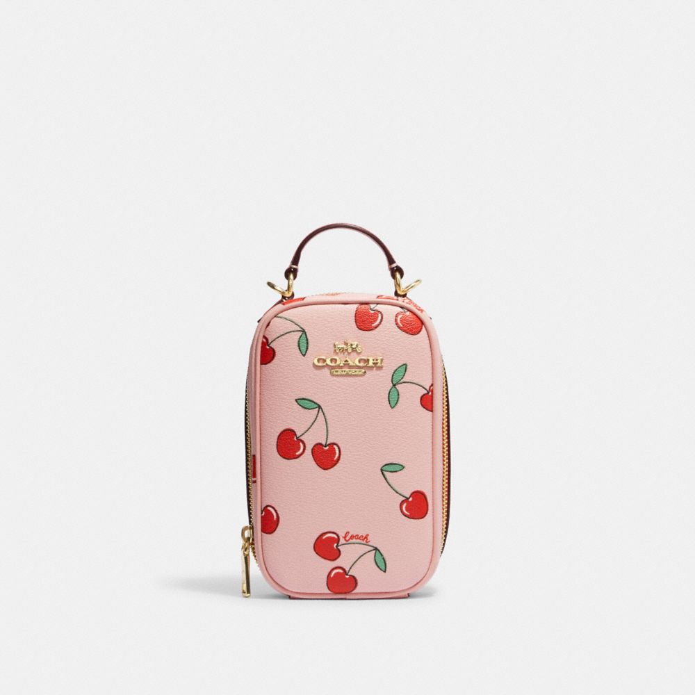 Coach CF371 Eva Phone Crossbody With Heart Cherry Print In Gold