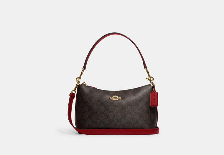 COACH®,CLARA SHOULDER BAG IN SIGNATURE CANVAS,Signature Coated Canvas,Medium,Gold/Brown 1941 Red,Front View