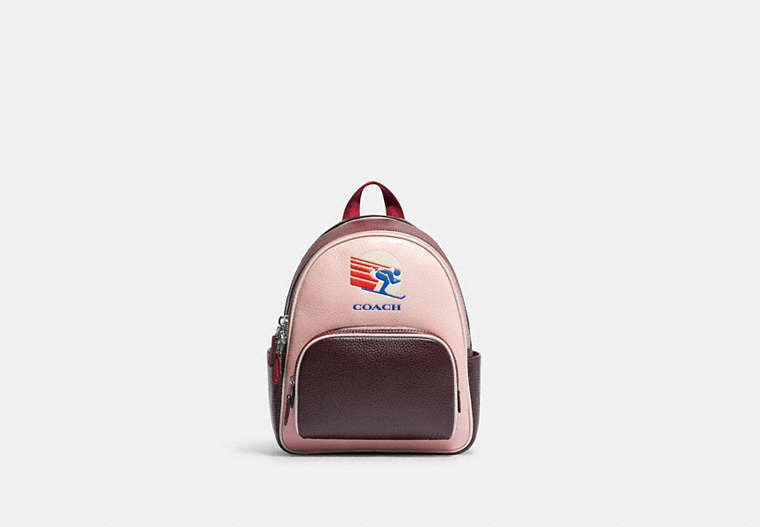 COACH®,MINI COURT BACKPACK IN COLORBLOCK WITH SKI SPEED GRAPHIC,Silver/Powder Pink Multi,Front View