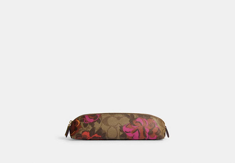 COACH®,PENCIL CASE IN SIGNATURE CANVAS WITH JUMBO FLORAL PRINT,Signature Coated Canvas,Mini,Gold/Khaki Multi,Front View