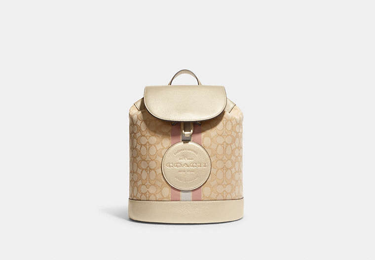 COACH®,DEMPSEY DRAWSTRING BACKPACK IN SIGNATURE JACQUARD WITH COACH PATCH AND STRIPE,Jacquard,Large,Im/Lt Khaki/Metallic Soft Gold,Front View