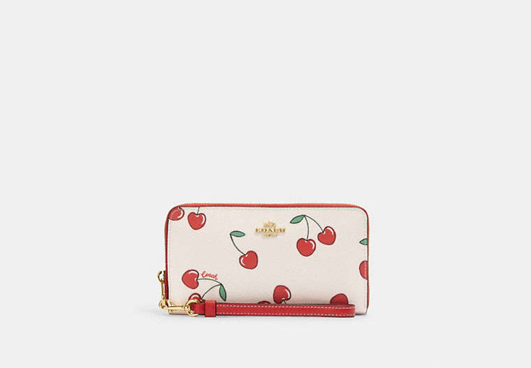 COACH®,LONG ZIP AROUND WALLET WITH HEART CHERRY PRINT,Leather,Mini,Gold/Chalk Multi,Front View