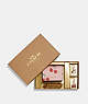 COACH®,BOXED MINI WALLET ON A CHAIN WITH HEART CHERRY PRINT,Fabric,Gold/Powder Pink Multi,Front View