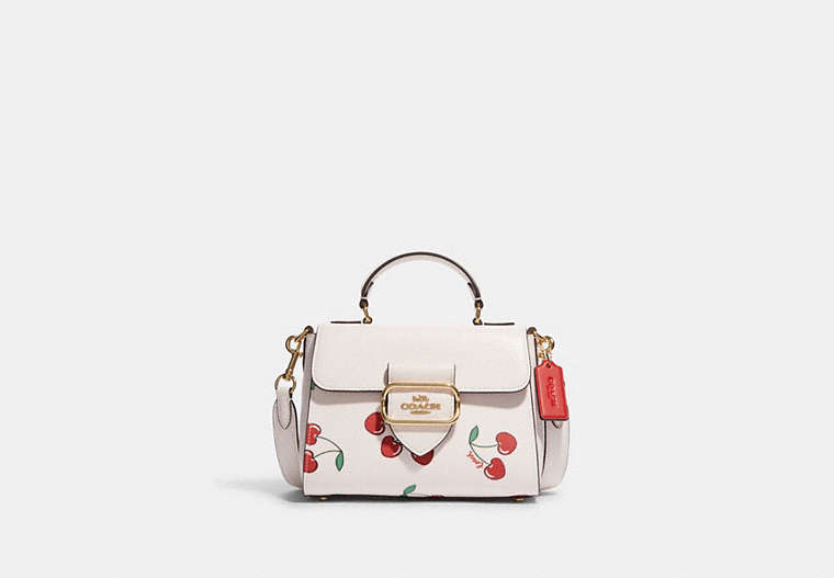 COACH®,MORGAN TOP HANDLE SATCHEL WITH HEART CHERRY PRINT,Fabric,Medium,Gold/Chalk Multi,Front View
