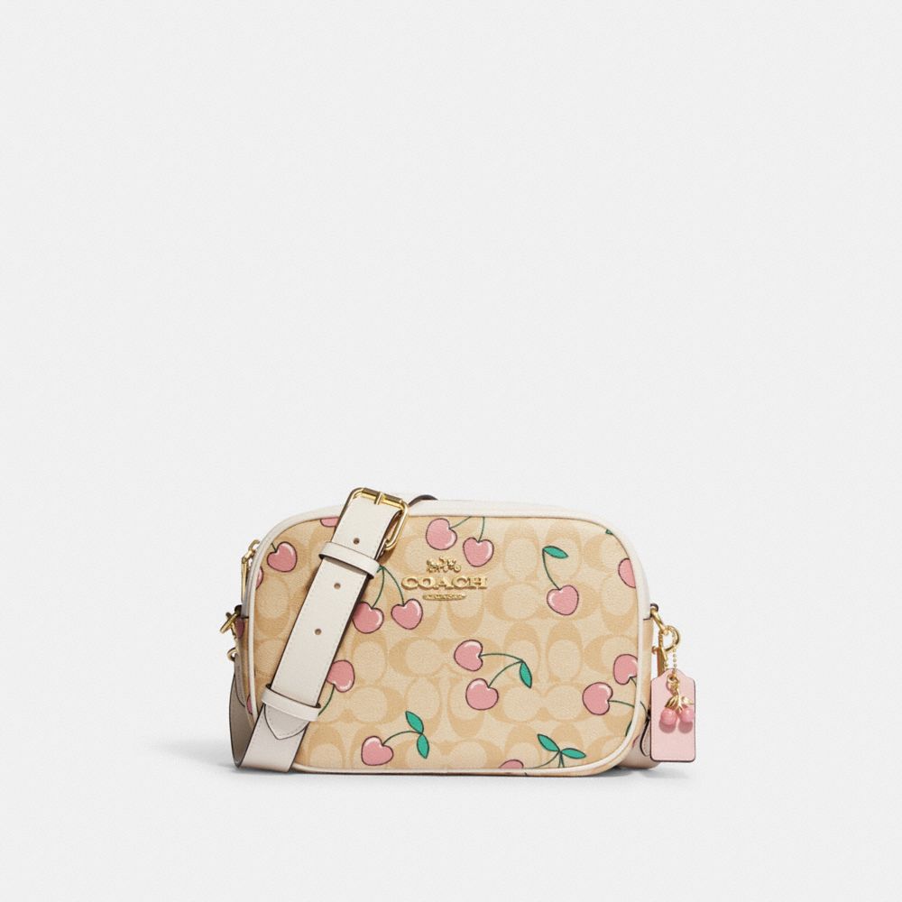 COACH®,JAMIE CAMERA BAG IN SIGNATURE CANVAS WITH HEART CHERRY PRINT,Medium,Gold/Light Khaki Multi,Front View