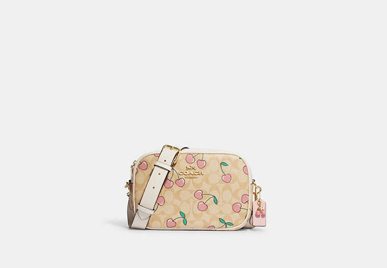COACH®,JAMIE CAMERA BAG IN SIGNATURE CANVAS WITH HEART CHERRY PRINT,Fabric,Gold/Light Khaki Multi,Front View