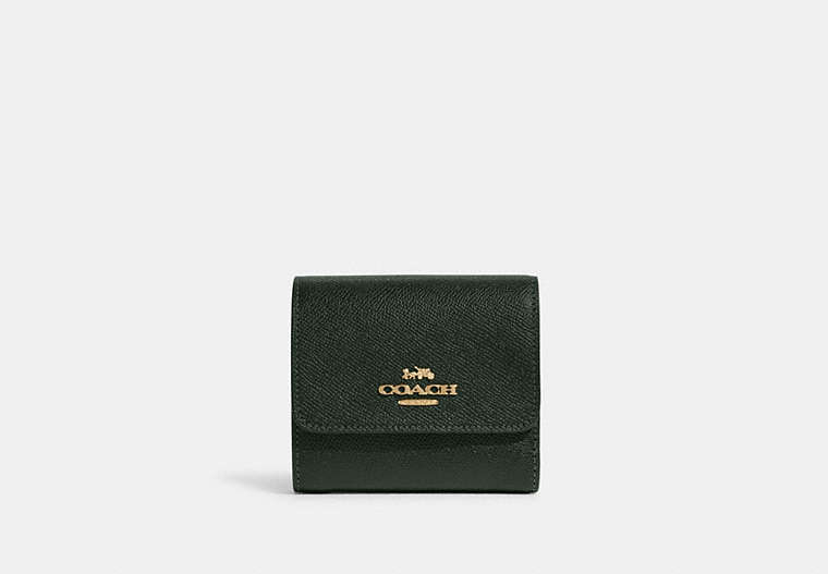 COACH®,SMALL TRIFOLD WALLET,Crossgrain Leather,Mini,Gold/Amazon Green,Front View