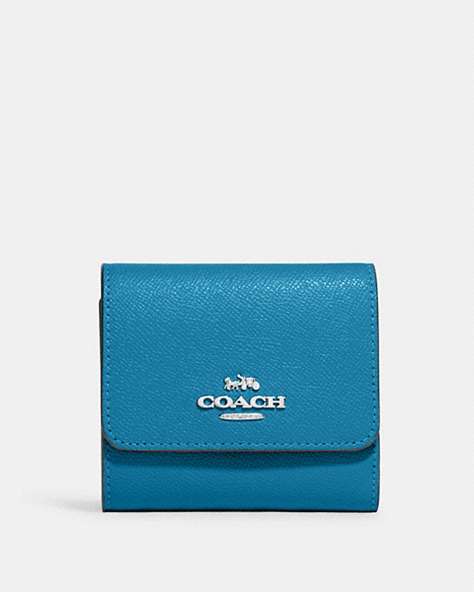 COACH®,SMALL TRIFOLD WALLET,Crossgrain Leather,Mini,Silver/Electric Blue,Front View
