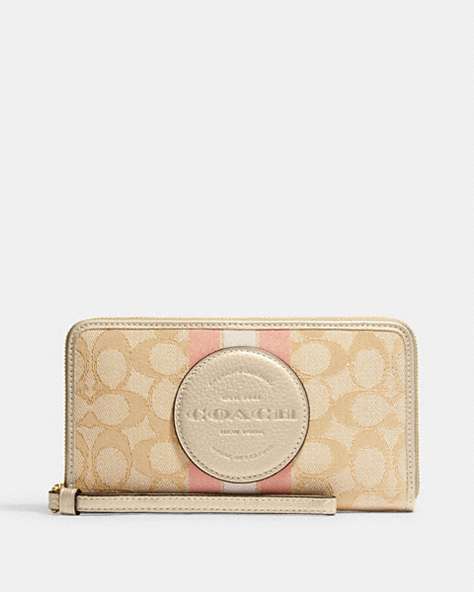 COACH®,DEMPSEY LARGE PHONE WALLET IN SIGNATURE JACQUARD WITH STRIPE AND COACH PATCH,Leather,Mini,Im/Lt Khaki/Metallic Soft Gold,Front View