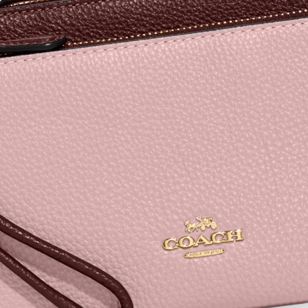 COACH®,Double Zip Wallet,Leather,Wristlet,Pouch,Casual,Pink,Detail View