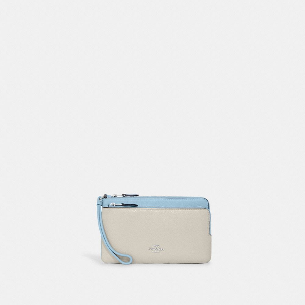 COACH®,DOUBLE ZIP WALLET,Novelty Leather,Mini,Silver/Chalk/Waterfall,Front View