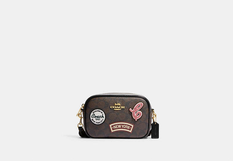 COACH®,MINI JAMIE CAMERA BAG IN SIGNATURE CANVAS WITH SKI PATCHES,Small,Gold/Brown Black Multi,Front View