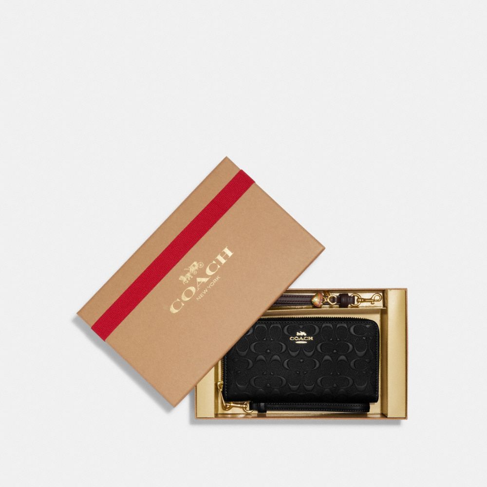 COACH®,BOXED LONG ZIP AROUND WALLET IN SIGNATURE LEATHER,Smooth Leather,Mini,Gold/Black,Front View