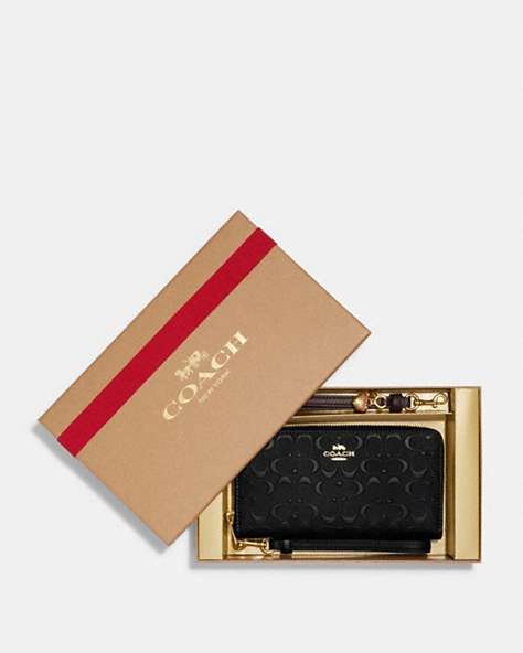 COACH®,BOXED LONG ZIP AROUND WALLET IN SIGNATURE LEATHER,Smooth Calf Leather,Gold/Black,Front View