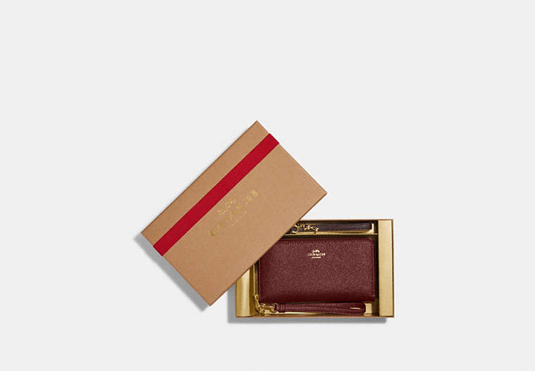 COACH®,BOXED LONG ZIP AROUND WALLET,Crossgrain Leather,Mini,Gold/Black Cherry,Front View