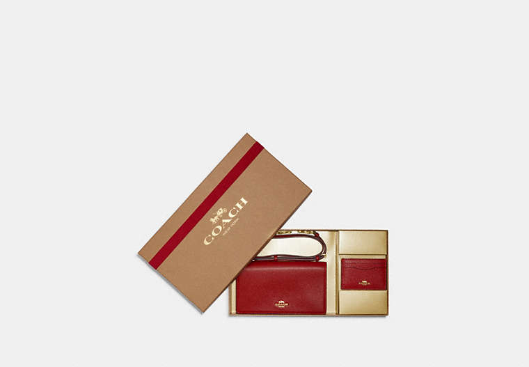 COACH®,BOXED ANNA FOLDOVER CLUTCH CROSSBODY AND CARD CASE SET,Pebbled Leather,Mini,Gold/1941 Red Multi,Front View