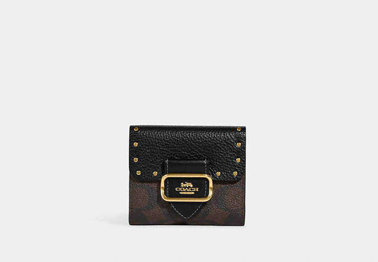 COACH®,SMALL MORGAN WALLET IN COLORBLOCK SIGNATURE CANVAS WITH RIVETS,Gold/Brown Black Multi,Front View