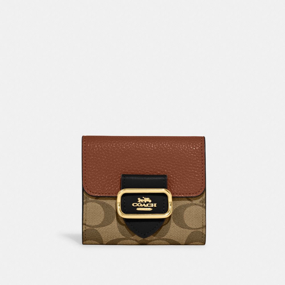 COACH®,SMALL MORGAN WALLET IN COLORBLOCK SIGNATURE CANVAS,Signature Canvas,Gold/Khaki Multi,Front View