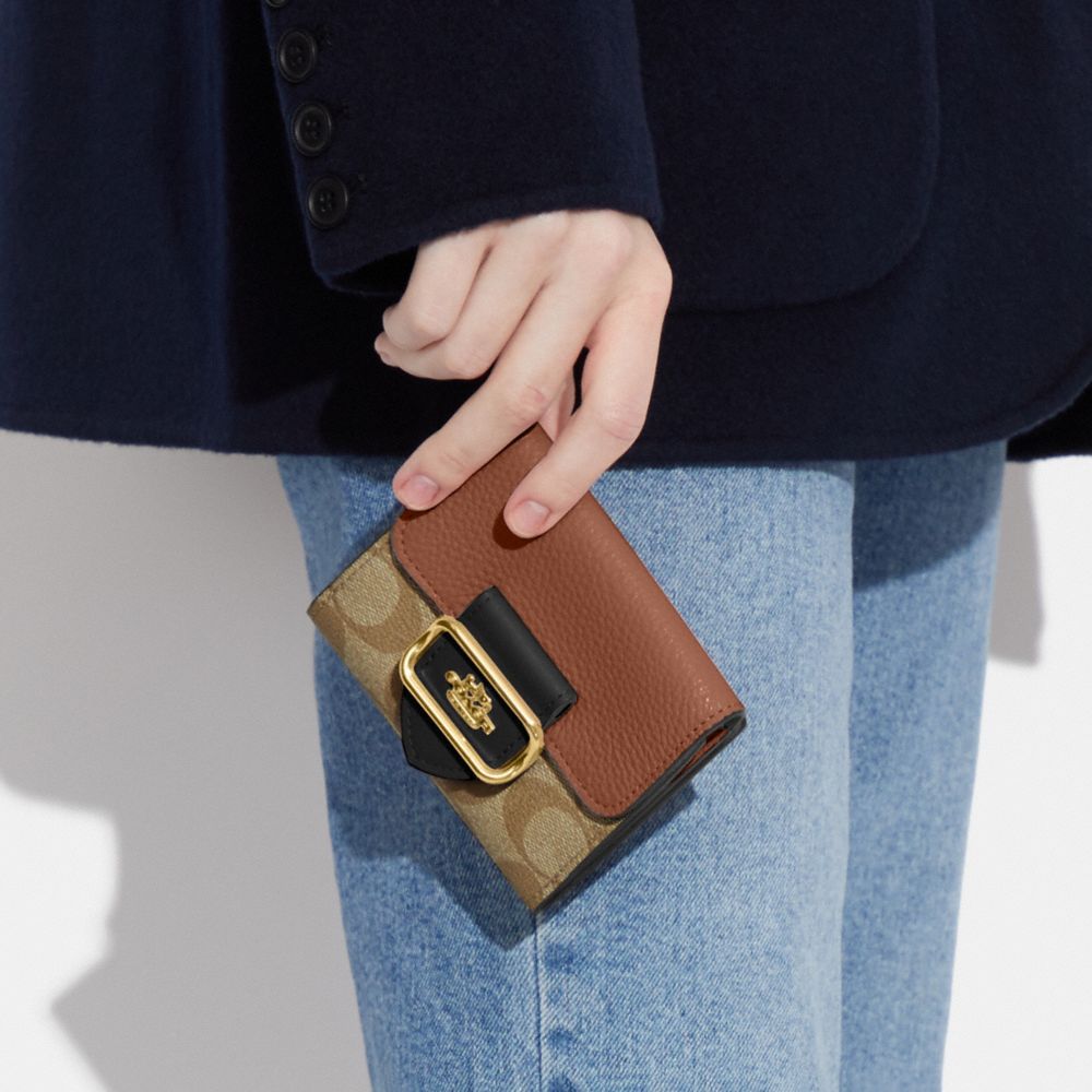 COACH®,Small Morgan Wallet In Colorblock Signature Canvas,Canvas,Leather,Bi Fold,Color Block,Metal,Logo,Gold Metal,Casual,Multi Color,Detail View