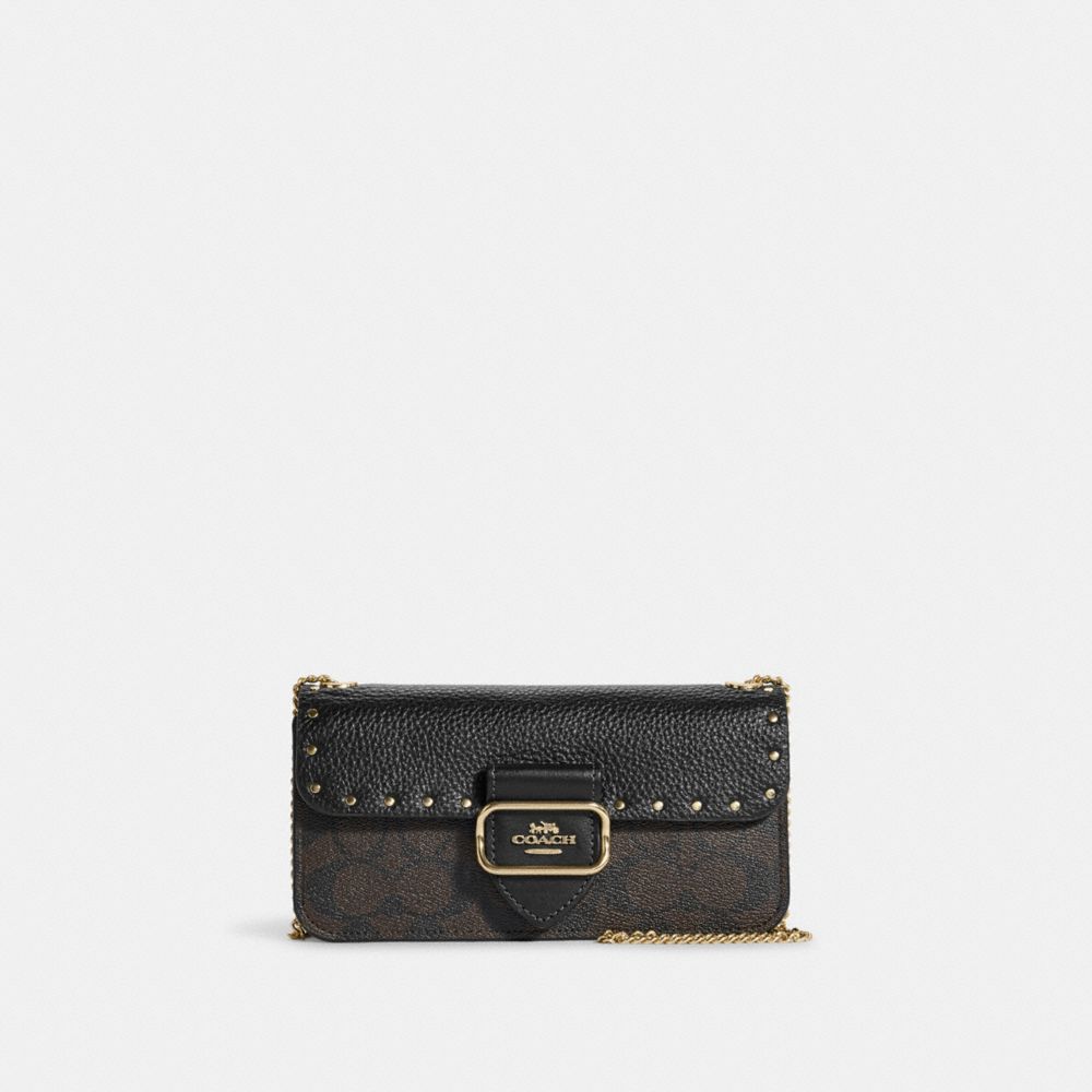 COACH®,MORGAN CROSSBODY IN COLORBLOCK SIGNATURE CANVAS WITH RIVETS,Signature Canvas,Small,Gold/Brown Black Multi,Front View image number 0