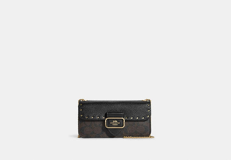 COACH®,MORGAN CROSSBODY IN COLORBLOCK SIGNATURE CANVAS WITH RIVETS,Signature Coated Canvas,Mini,Gold/Brown Black Multi,Front View