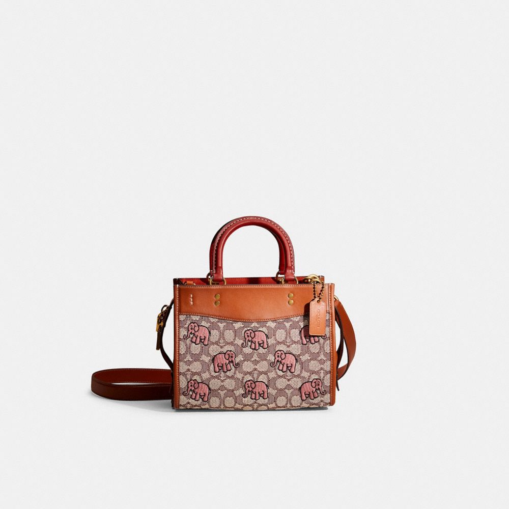 COACH®,Restored Rogue 25 In Signature Textile Jacquard With Embroidered Elephant,Leather,Cotton,Crossbody,Plastic,Piping,C...,Brown,Front View