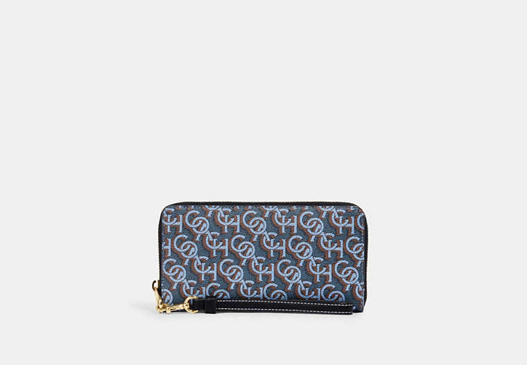 COACH®,LONG ZIP AROUND WALLET WITH COACH MONOGRAM PRINT,Gold/Navy,Front View