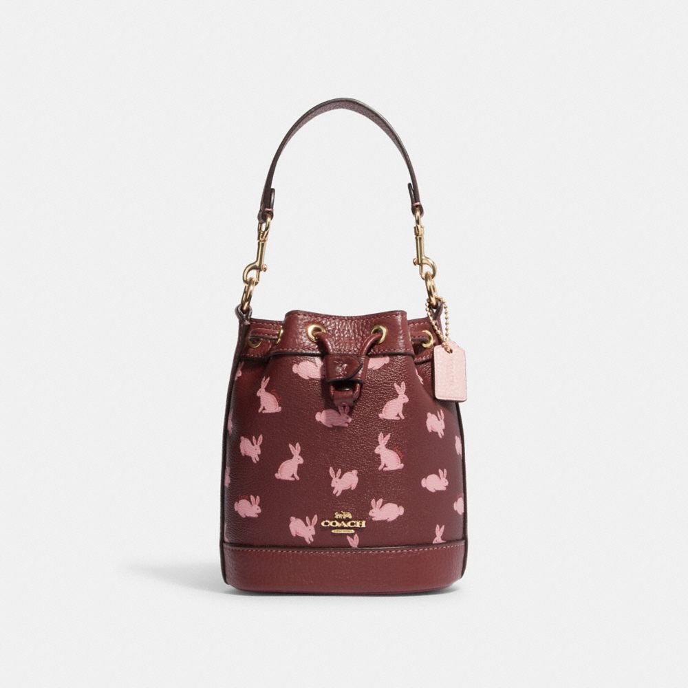COACH®,LUNAR NEW YEAR MINI DEMPSEY BUCKET BAG WITH RABBIT PRINT,Small,Gold/Wine Multi,Front View