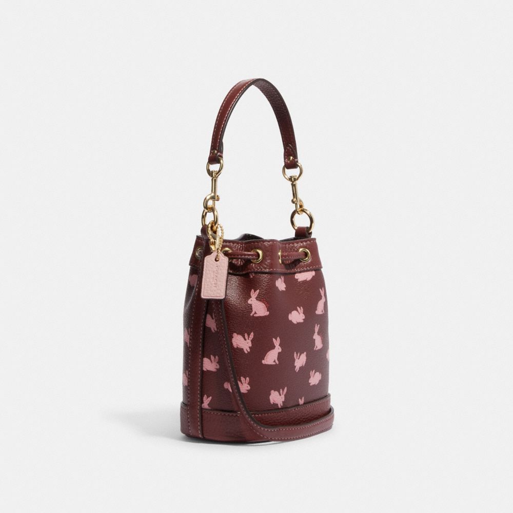 COACH®,LUNAR NEW YEAR MINI DEMPSEY BUCKET BAG WITH RABBIT PRINT,Small,Gold/Wine Multi,Angle View