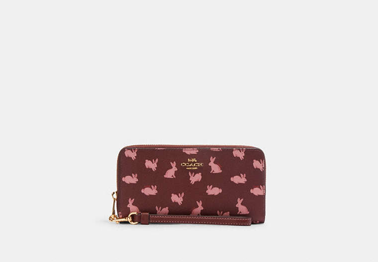 COACH®,LUNAR NEW YEAR LONG ZIP AROUND WALLET WITH RABBIT PRINT,Leather,Mini,Gold/Wine Multi,Front View