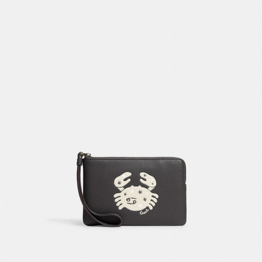 COACH®,CORNER ZIP WRISTLET WITH CANCER,Polished Pebble Leather,Mini,Black Antique Nickel/Graphite Multi,Front View