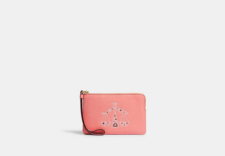 COACH®,CORNER ZIP WRISTLET WITH LIBRA,Polished Pebble Leather,Mini,Gold/Candy Pink Multi,Front View