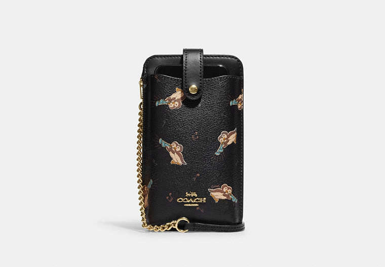 COACH®,PHONE CROSSBODY WITH PENGUIN PRINT,Printed Coated Canvas,Mini,Gold/Black Multi,Front View