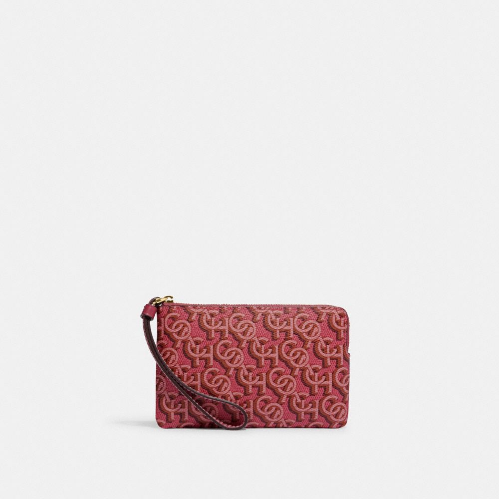 COACH®,CORNER ZIP WRISTLET WITH COACH MONOGRAM PRINT,Mini,Gold/Rouge,Front View