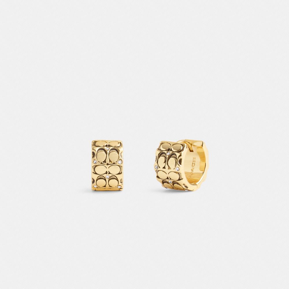 COACH®,QUILTED SIGNATURE HUGGIE EARRINGS,Plated Brass,Mini,Gold/Black,Front View