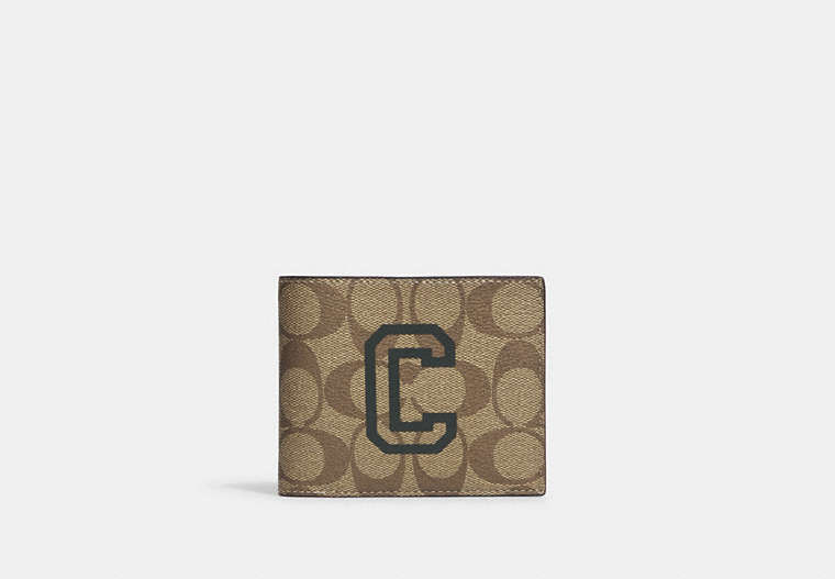 COACH®,3-IN-1 WALLET IN SIGNATURE CANVAS WITH VARSITY MOTIF,Black Antique Nickel/Khaki/Amazon Green,Front View
